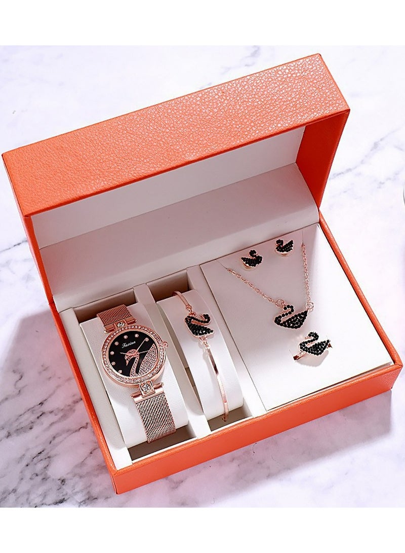 YOUGE Women's Elegant Watch and Bracelet Set with Watch & Bracelet & Necklace & Ring & Earrings & Bracelet Jewelry Set Dress Wrist Watch for Ladies as Gifts (Black) - Image 1