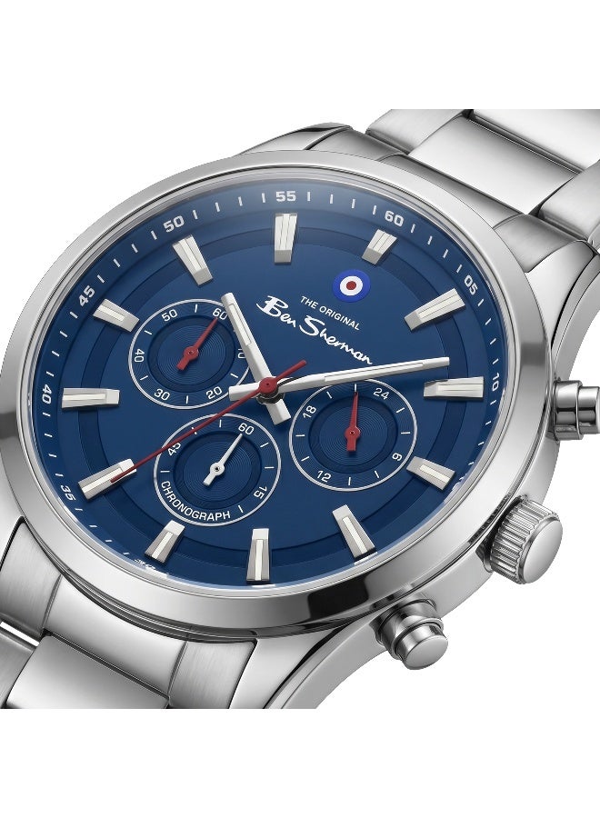 Ben Sherman Cambridge Blue Dial Stainless Steel Bracelet Chronograph Watch for Men, 42mm - Image 2
