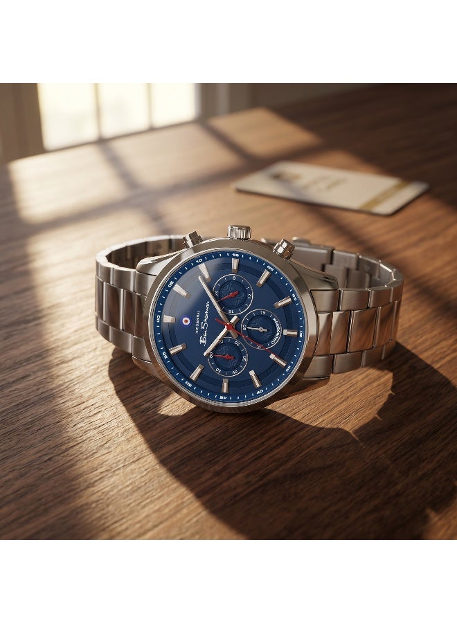 Ben Sherman Cambridge Blue Dial Stainless Steel Bracelet Chronograph Watch for Men, 42mm - Image 4
