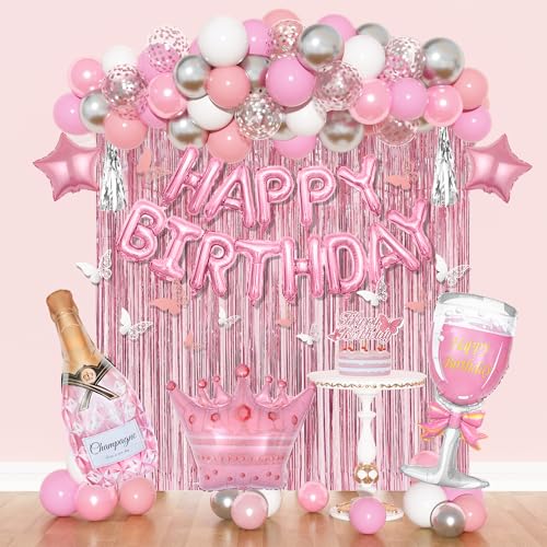 Amandir Pink Birthday Decorations for Women Girls Silver Pink Confetti Foil Balloons Happy Birthday Banner Butterfly Fringe Curtains Cake Topper for Princess Party Supplies Decor - Image 1