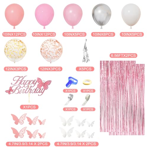 Amandir Pink Birthday Decorations for Women Girls Silver Pink Confetti Foil Balloons Happy Birthday Banner Butterfly Fringe Curtains Cake Topper for Princess Party Supplies Decor - Image 5