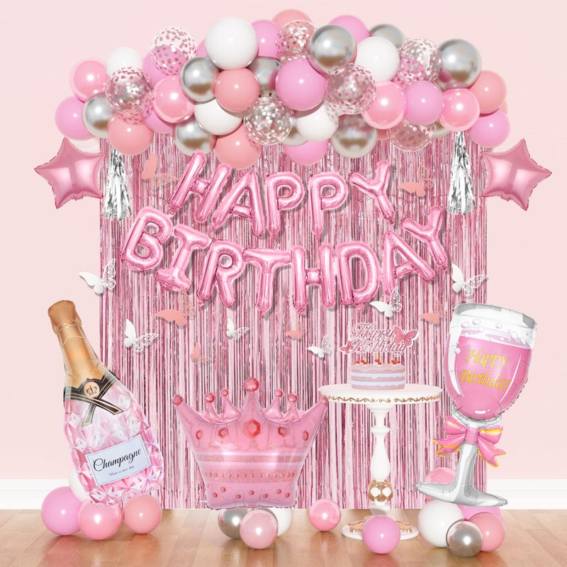 Amandir Pink Birthday Decorations for Women Girls Silver Pink Confetti Foil Balloons Happy Birthday Banner Butterfly Fringe Curtains Cake Topper for Princess Party Supplies Decor - Image 3