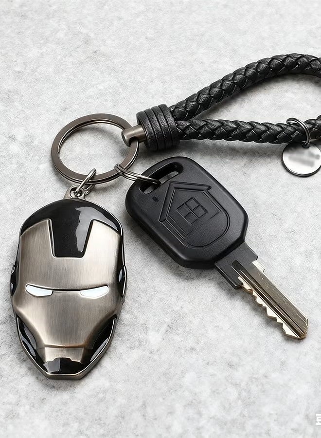 سلسلة مفاتيح على شكل قناع الرجل الحديدي، مصنوعة من الفولاذ التنجستن والجلد، حلقة مفاتيح معدنية متينة، هدية مثالية للأبطال الخارقين، مشبك حقيبة ظهر أنيق للرجال - Image 2