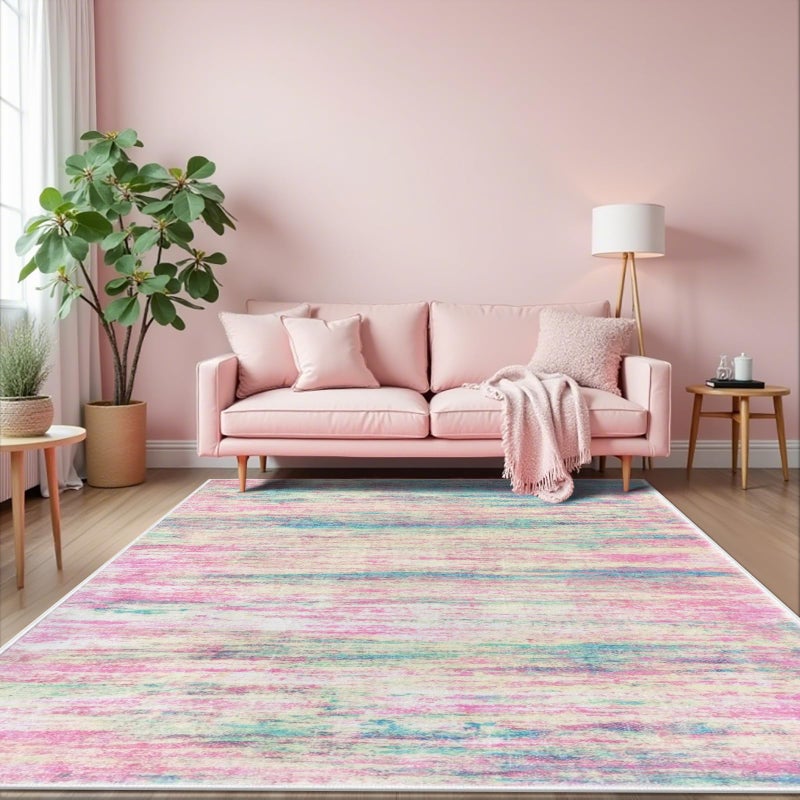 KOZYFLY Pink Nursery Rug for Baby Girl, Washable Thin Area Rugs 5x7 for Kids Bedroom Dorm Playroom, Non-Slip Faux Wool Soft Low Pile Living Room Rug for Dining Room, Kitchen Bathroom - Image 1