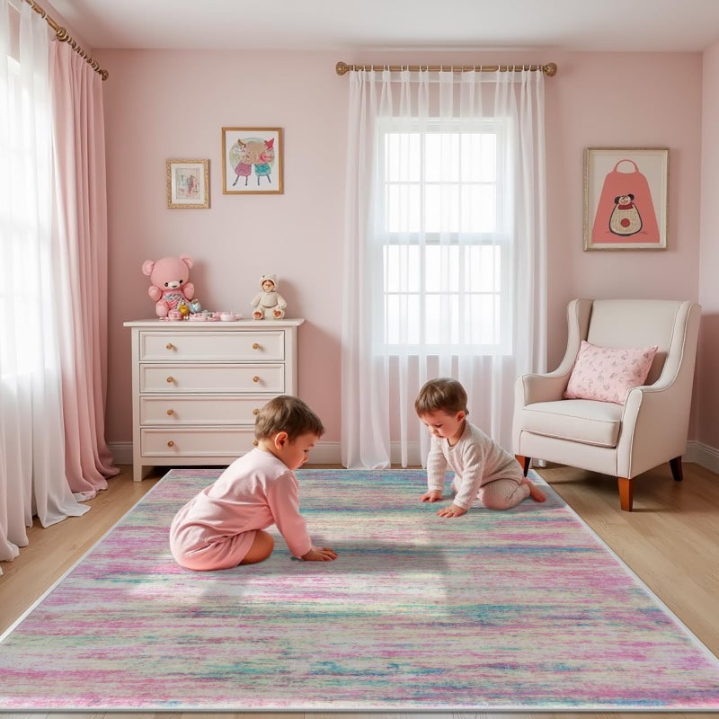 KOZYFLY Pink Nursery Rug for Baby Girl, Washable Thin Area Rugs 5x7 for Kids Bedroom Dorm Playroom, Non-Slip Faux Wool Soft Low Pile Living Room Rug for Dining Room, Kitchen Bathroom - Image 3
