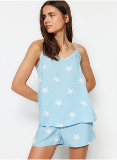Blue Star Patterned Rope Strap Viscose Woven Pajama Set THMSS20PT0295