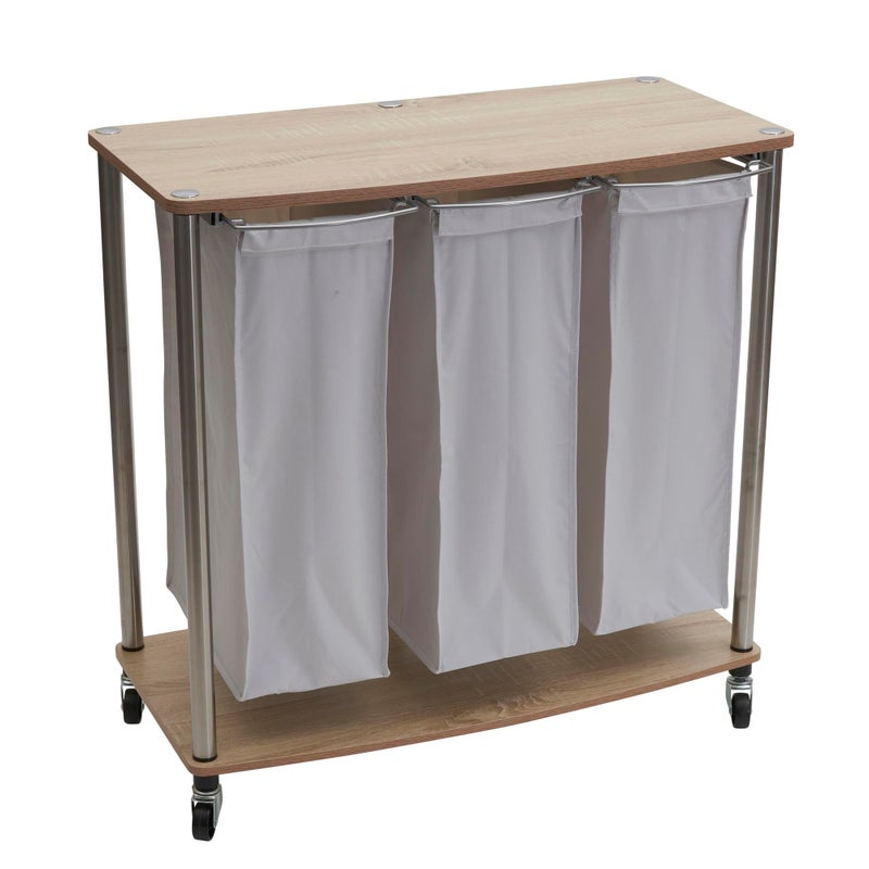 Household Essentials 70501 3 Bag Cart  Light Brown Triple Laundry Sorter with Folding Table Walnut