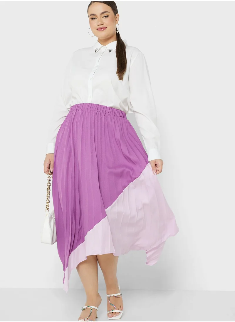 Ella Plus Two Tone Asymmetrical Hem Pleated Skirt