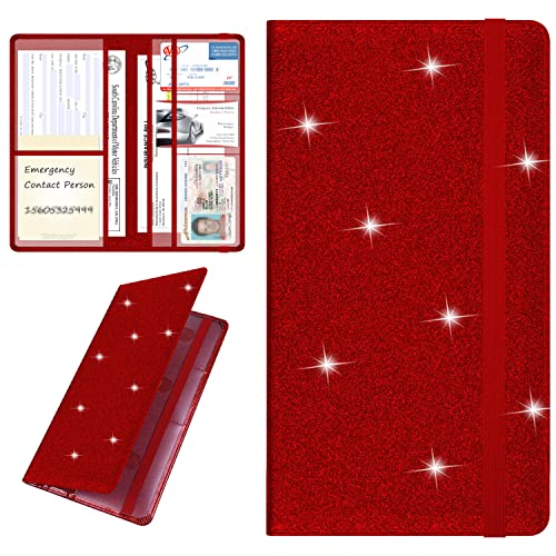 Wisdompro Car Registration and Insurance Holder Premium Glitter PU Leather Vehicle Glove Box Organizers Wallet for Document, License, Card and Other Essentials - Bling Red - Image 1