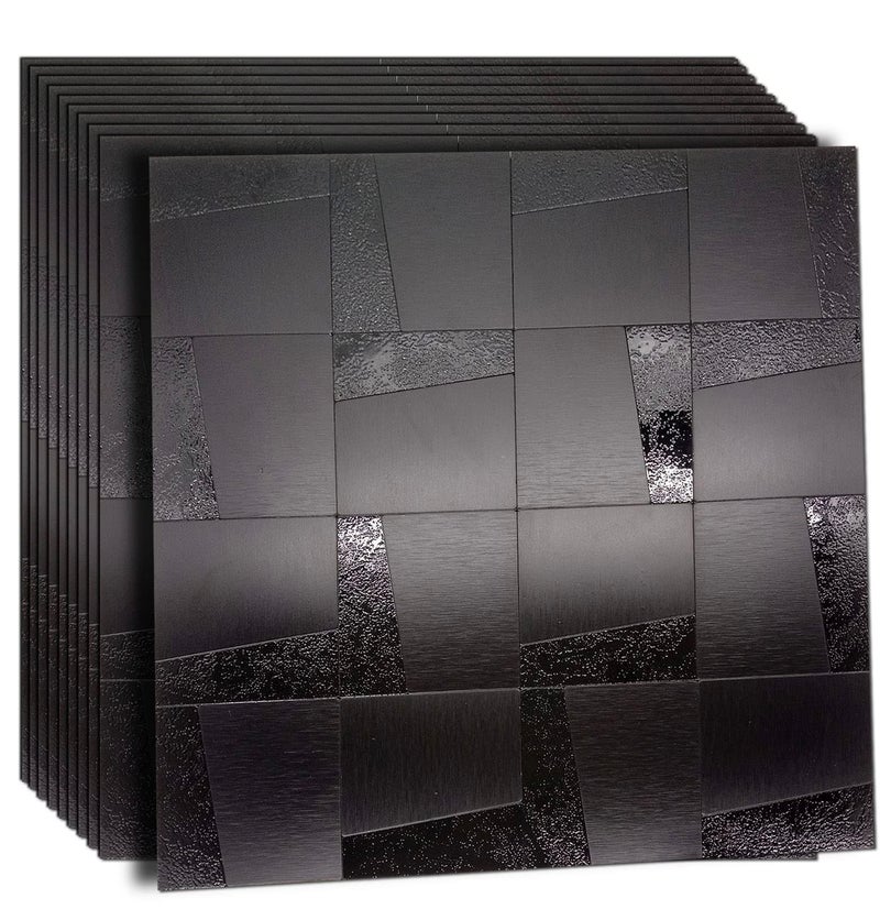XUANINY Peel and Stick Metal Backsplash Tiles, Self Adhesive Aluminum Mosaic 3D Wall Sticker for Kitchen Bathroom Brushed Grey Decor (11.81"x11.81") (10 Ladder-Shaped Brushed Black) - Image 1