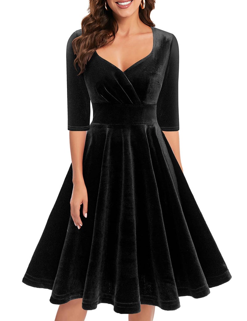 Bbonlinedress Womens Black Velvet Long Sleeve Winter Formal Wedding Guest Vintage Cocktail Holiday Party Midi Dress V-Black L - Image 1