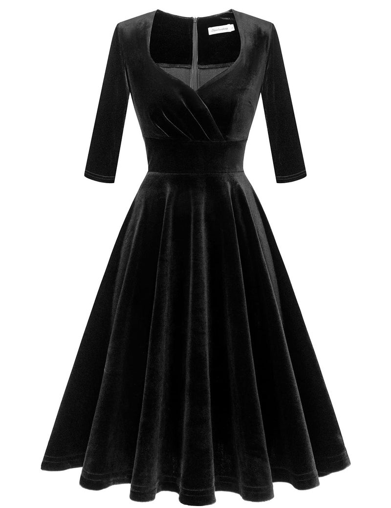 Bbonlinedress Womens Black Velvet Long Sleeve Winter Formal Wedding Guest Vintage Cocktail Holiday Party Midi Dress V-Black L - Image 3