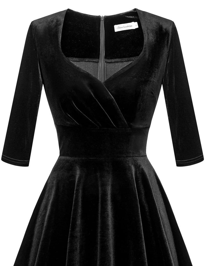 Bbonlinedress Womens Black Velvet Long Sleeve Winter Formal Wedding Guest Vintage Cocktail Holiday Party Midi Dress V-Black L - Image 5