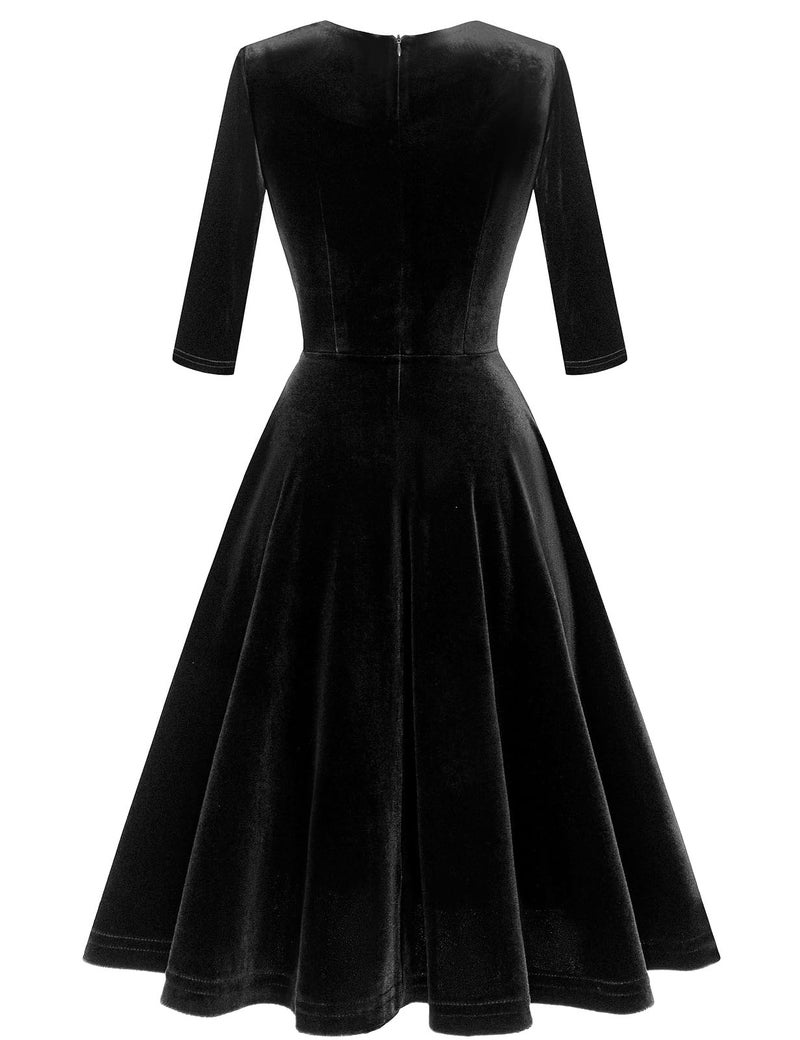 Bbonlinedress Womens Black Velvet Long Sleeve Winter Formal Wedding Guest Vintage Cocktail Holiday Party Midi Dress V-Black L - Image 2