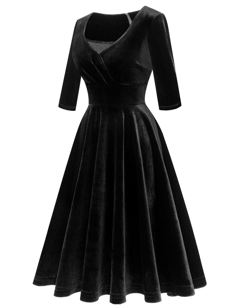 Bbonlinedress Womens Black Velvet Long Sleeve Winter Formal Wedding Guest Vintage Cocktail Holiday Party Midi Dress V-Black L - Image 4