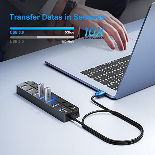 ONFINIO USB Hub 3.0, 7-Port USB Hub Splitter with Individual On/Off Switches and Lights, 3.2ft/1m Long Cable Compatible with MacBook, Laptop, Surface Pro, PS4, PC, Flash Drive, Mobile HDD - Image 3