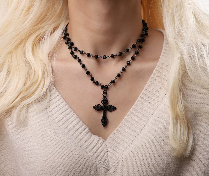 Sacina Gothic Layered Cross Choker Necklace, Black Bead Cross Choker, Gothic Emo Grunge Necklace, Costume Jewelry, Halloween Christmas Jewelry Gift for Women - Image 2