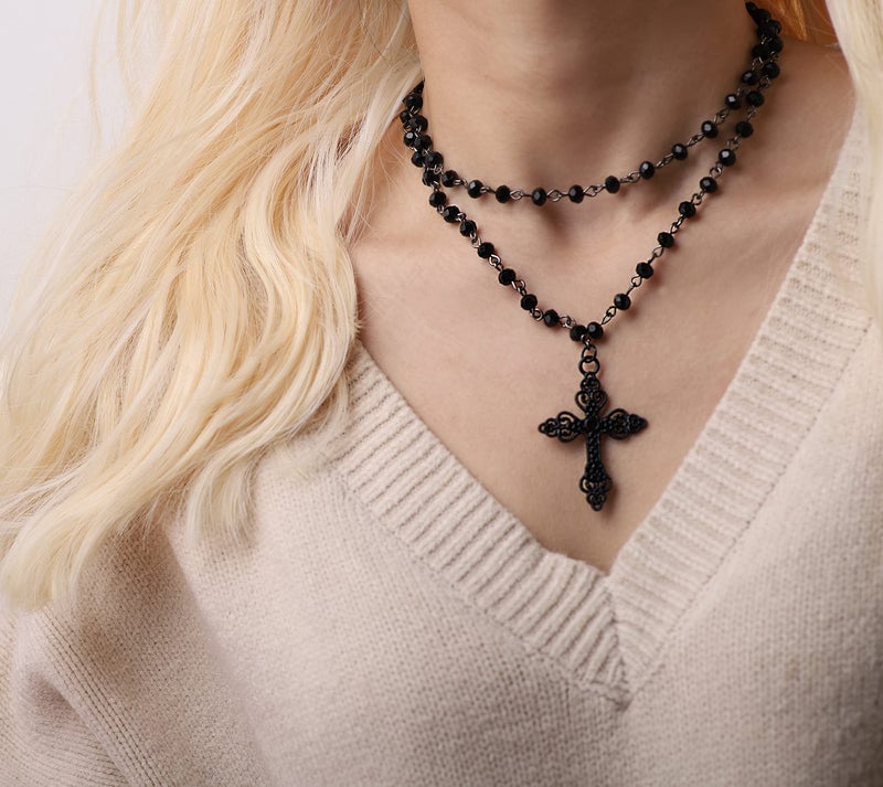 Sacina Gothic Layered Cross Choker Necklace, Black Bead Cross Choker, Gothic Emo Grunge Necklace, Costume Jewelry, Halloween Christmas Jewelry Gift for Women - Image 3