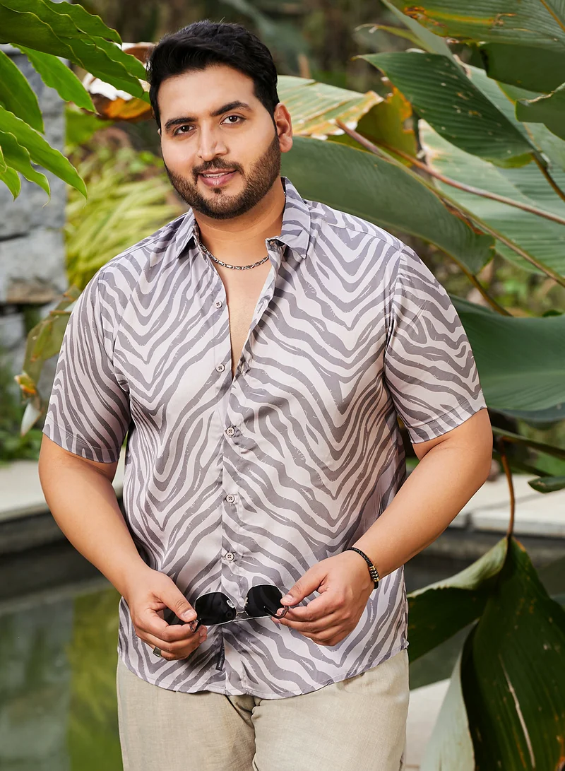 Instafab Plus Men's Charcoal Grey Zebra Satin Shirt For Casual Wear | Cuban Collar | Short Regular Sleeves | Button Closure | Plus Size Shirt Crafted With Comfort Fit For Everyday Wear