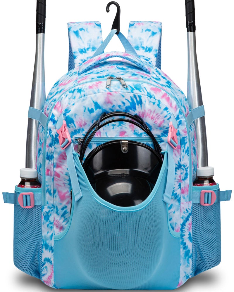 FOKDUVB Baseball Softball Backpack for Kids Boys Girls 68 812 1214 Large Youth Bat Bag for Gear Storage Baseball Softball Tball Equipment Back Pack with Separate Shoe Bag BluePink TieDye - Image 2