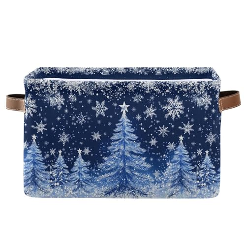 Wamika Blue Christmas Tree Storage Basket with Waterproof Liner and PU Handles Sliver Winter Snowflake Xmas Storage Boxes 142 Collapsible Decorative Organizer Baskets for Bedroom Closet Office 1 Pack - Image 1