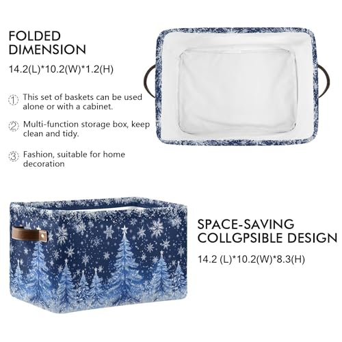 Wamika Blue Christmas Tree Storage Basket with Waterproof Liner and PU Handles Sliver Winter Snowflake Xmas Storage Boxes 142 Collapsible Decorative Organizer Baskets for Bedroom Closet Office 1 Pack - Image 3
