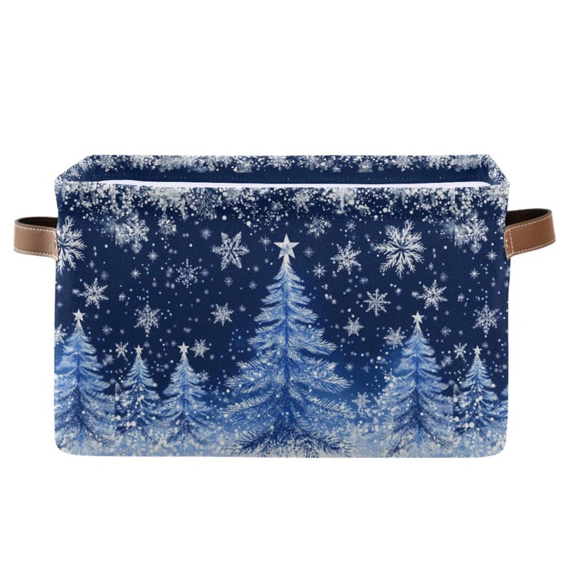 Wamika Blue Christmas Tree Storage Basket with Waterproof Liner and PU Handles Sliver Winter Snowflake Xmas Storage Boxes 142 Collapsible Decorative Organizer Baskets for Bedroom Closet Office 1 Pack - Image 2