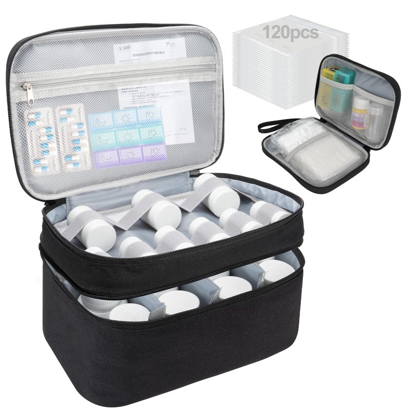Yewltvep Medicine Organizer Bag, Dual Layers Pill Bottle Organizer Storage Bag with Adjustable Divide, Medication Travel Bag for Pills, Vitamins, Medical Supplies for Home with Pill Carrying Bag&Pill Pouch Bag - Image 1