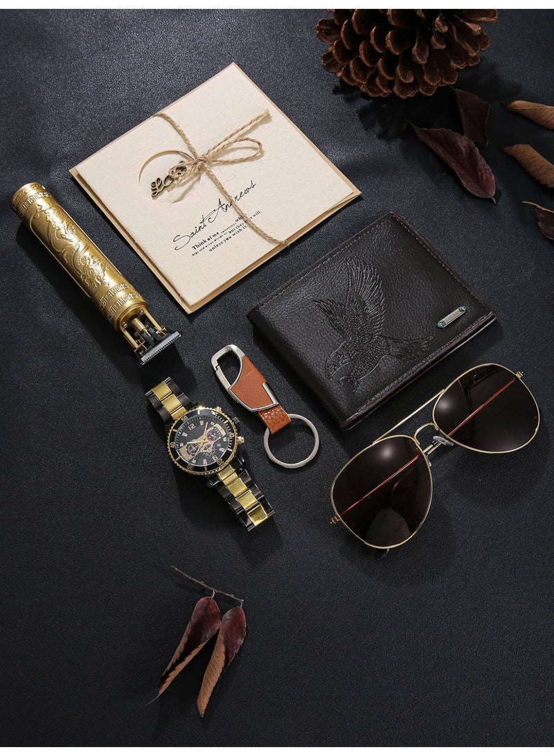 صندوق هدايا رجالي ، ساعة رجالية + نظارات زخرفية رجالية + محفظة + ماكينة قص شعر + سلسلة مفاتيح ، تعطي بطاقة تهنئة جميلة - Image 2
