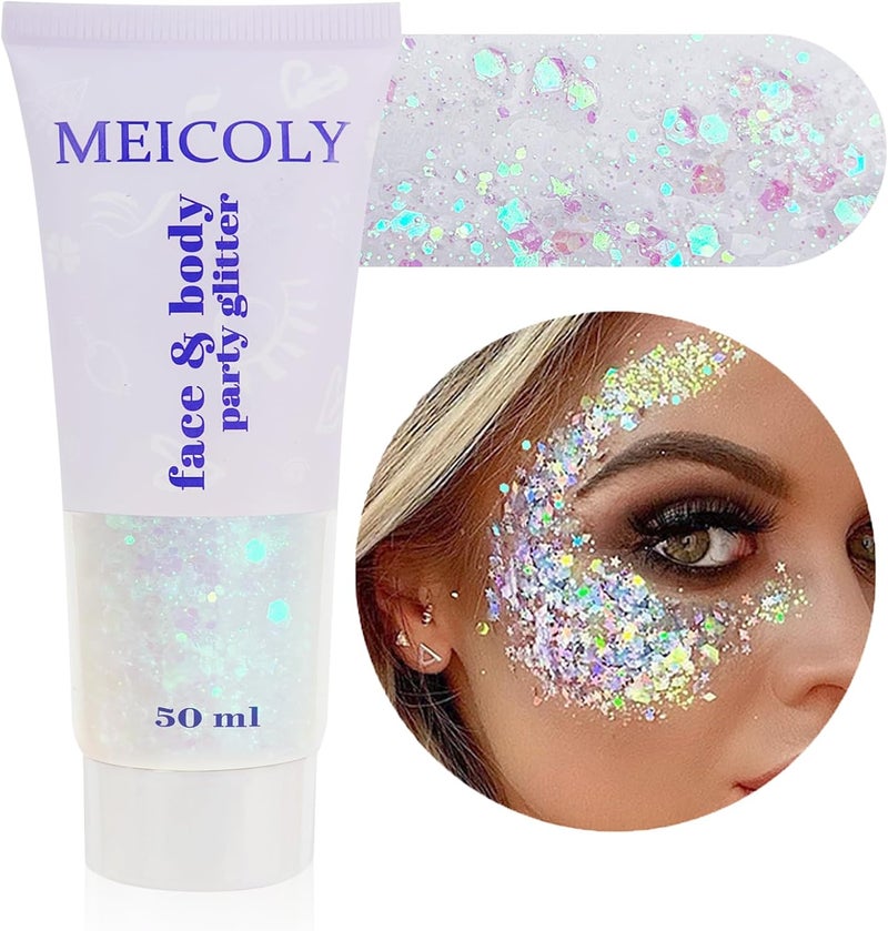 MEICOLY Clear White Body Glitter Gel,Mardi Gras Face Glitter Makeup for Kids Women Girls,Sparkly Chunky Hair Glitter,Singer Concerts Festival Rave Accessories,Mermaid Glitter Face Paint