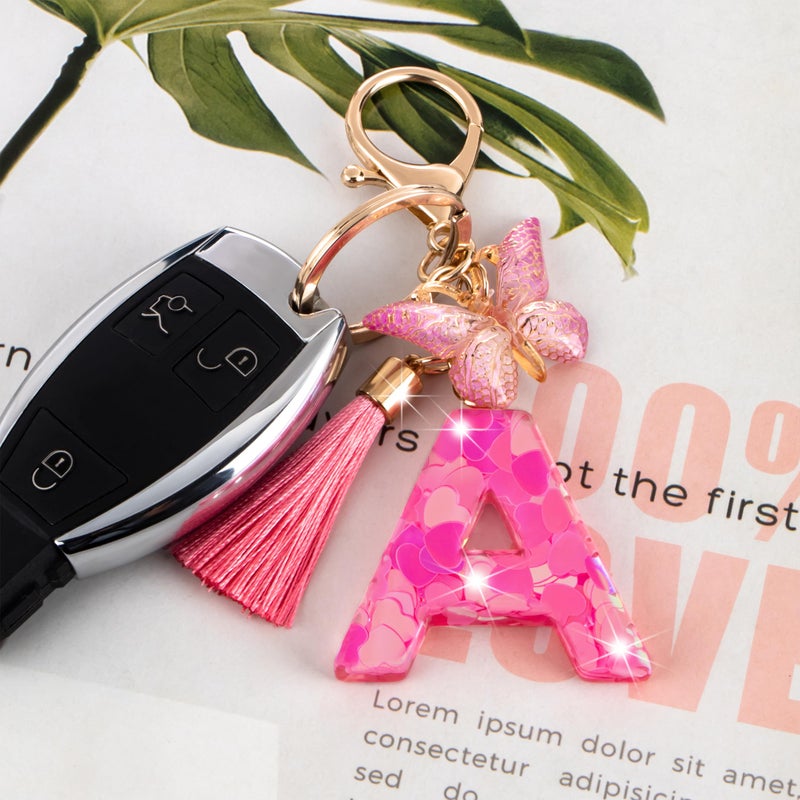 Suweibuke Colourful Cute Initial Letter Keychains for Women Girls with Tassel Butterfly, Charm for Purse Handbags Backpacks (Cute Pink Heart-A) - Image 3