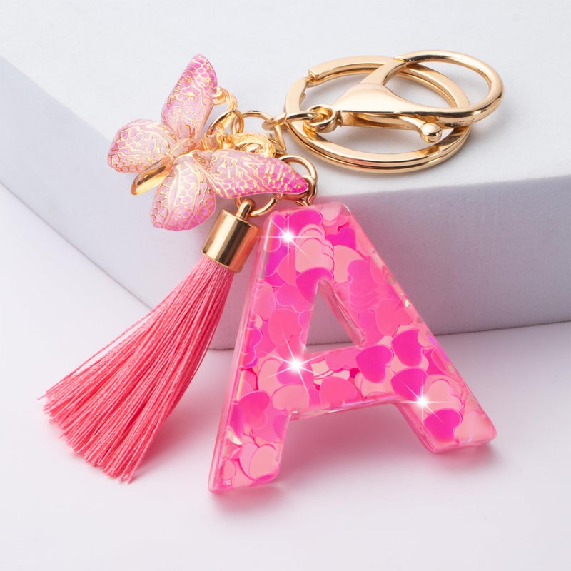 Suweibuke Colourful Cute Initial Letter Keychains for Women Girls with Tassel Butterfly, Charm for Purse Handbags Backpacks (Cute Pink Heart-A) - Image 2