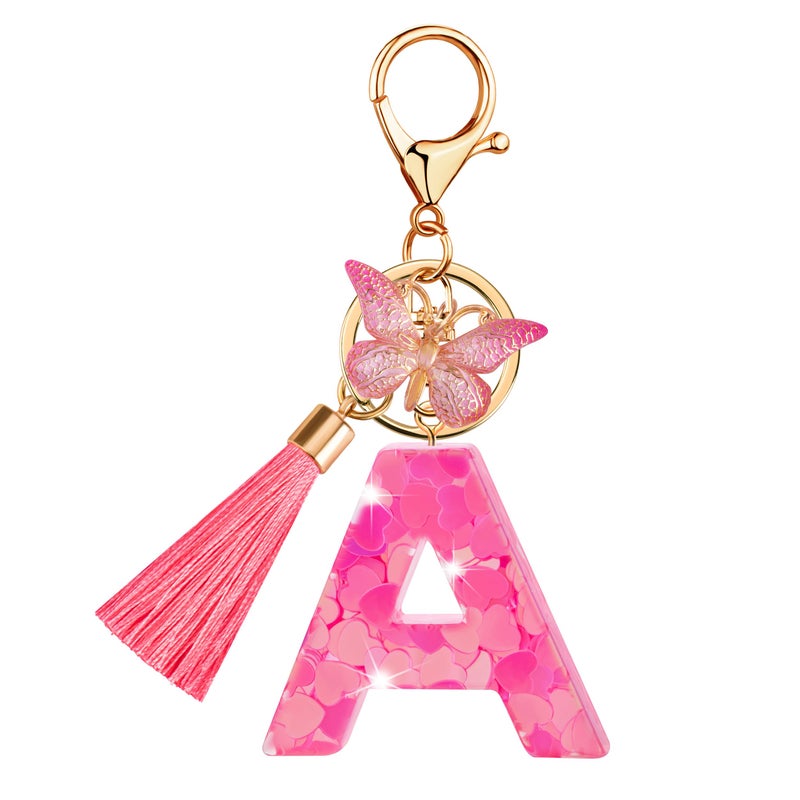 Suweibuke Colourful Cute Initial Letter Keychains for Women Girls with Tassel Butterfly, Charm for Purse Handbags Backpacks (Cute Pink Heart-A) - Image 1
