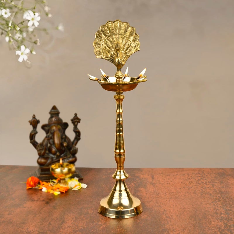 StyleMyWay StyleMyWay Premium Brass Dancing Peacock Standing Diya Height 14 Inches 760 gm Inauguration Diya Traditional Standing Oil Puja Lamp Panchmukhi Deepak Kerala Brass Lamp 