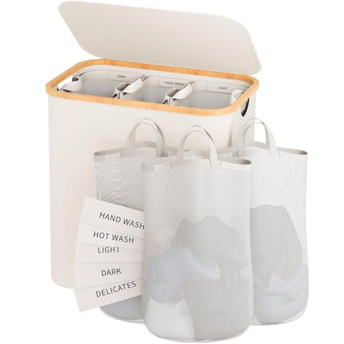 Bathola Laundry Hamper 3 Section, 145L Dirty Clothes Hamper with Lid, Extra Large Laundry Basket Organizer with Removable Inner Bags & Labels for Laundry Room, Bedroom, Beige - Image 1