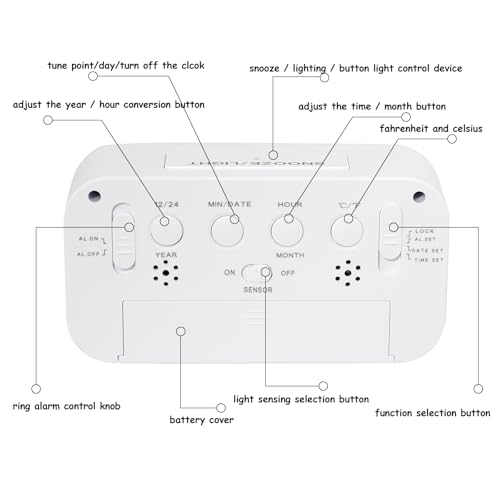 Kadio JOPHEK kadio Digital Alarm Clock for Bedside Battery, Smart Alarm Clock with Temperature Date Snooze, Digital Alarm Clock for Children Adults Bedroom Home Office, ABS, 14x5 Cm, White - Image 3