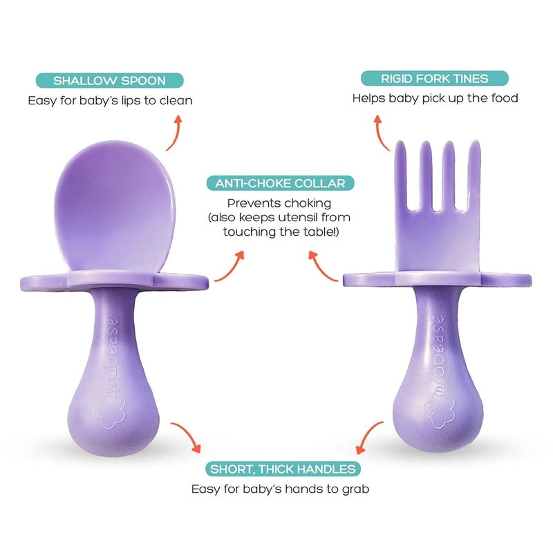 grabease Baby Feeding Utensil Set - Ergonomic Self-Feeding & Toddler Spoon & Fork - Sturdy Plastic Training Silverware for Toddlers - Travel Pouch & Silverware for 1-Year-Olds - Lavender, Pack of 1 - Image 3