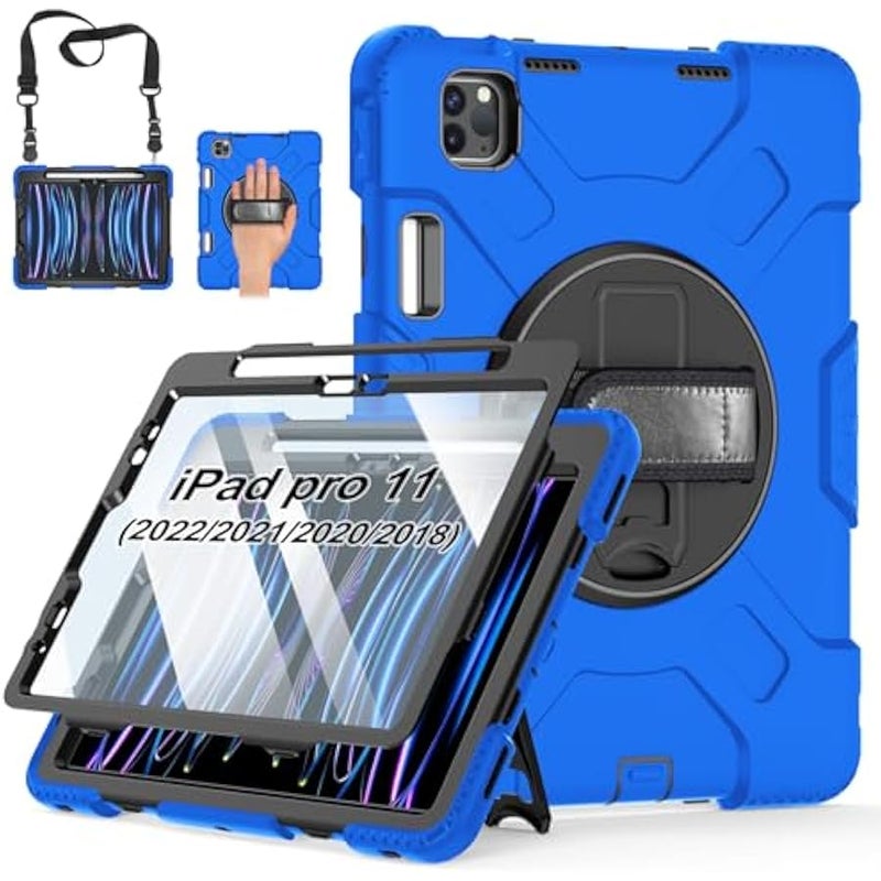 Silicone Case for iPad Pro 11 Inch 2018 2020 2021 2022 with Screen Protector Stand Handle Shoulder Strap and Pencil Holder Blue - Image 1