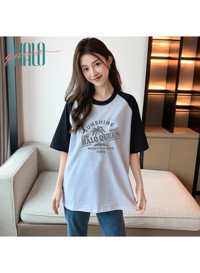 HALOQUEEN Halo Queen Women's Raglan Sleeve Patchwork Pullover T-shirt Vacation Style Coconut Tree Print Top H143t1411 - Image 2