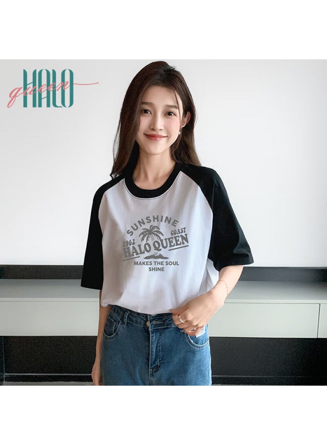 HALOQUEEN Halo Queen Women's Raglan Sleeve Patchwork Pullover T-shirt Vacation Style Coconut Tree Print Top H143t1411 - Image 3