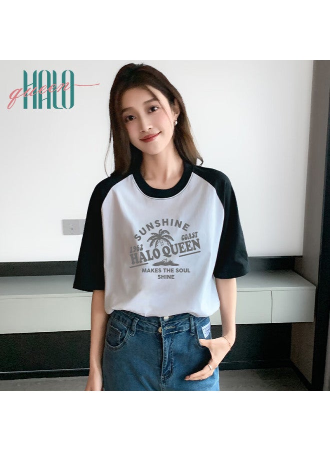 HALOQUEEN Halo Queen Women's Raglan Sleeve Patchwork Pullover T-shirt Vacation Style Coconut Tree Print Top H143t1411 - Image 4