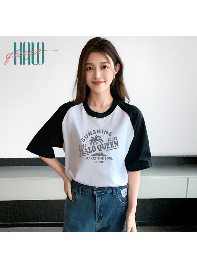HALOQUEEN Halo Queen Women's Raglan Sleeve Patchwork Pullover T-shirt Vacation Style Coconut Tree Print Top H143t1411 - Image 1