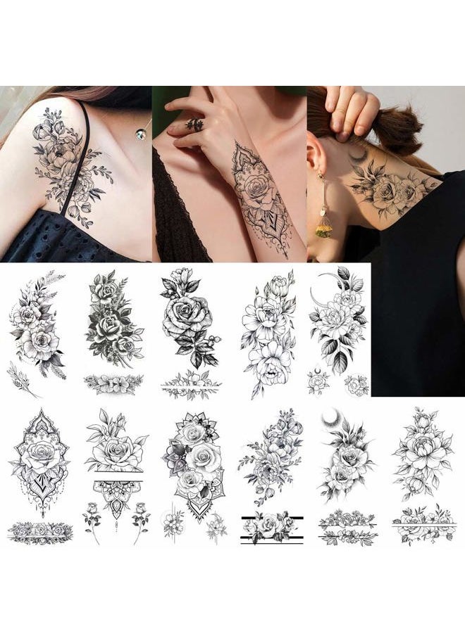 Glaryyears - Glaryyears Flower Temporary Tattoos for Women, 11-Pack Henna Design Variety Pack Fake Tattoos, Long-lasting Rose Floral Realistic Tattoos for Arm Shoulder Chest Body Wrist - Image 1