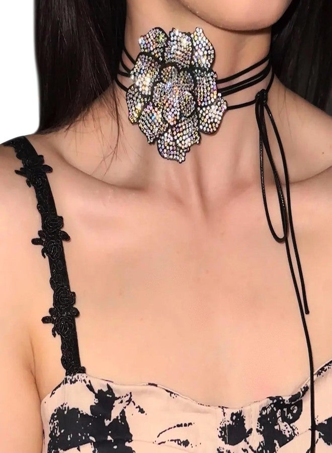 Rotaiboes Luxury Rhinestone Big Rose Flower Choker Necklace Black Adjustable Leather Rope Clavicle Chain Neck Crystal Body Chain Necklace Statement Collar Choker Necklace for Women (Black) - Image 5
