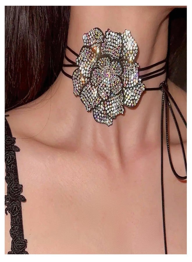 Rotaiboes Luxury Rhinestone Big Rose Flower Choker Necklace Black Adjustable Leather Rope Clavicle Chain Neck Crystal Body Chain Necklace Statement Collar Choker Necklace for Women (Black) - Image 3