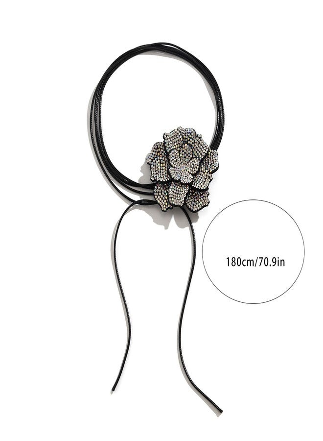 Rotaiboes Luxury Rhinestone Big Rose Flower Choker Necklace Black Adjustable Leather Rope Clavicle Chain Neck Crystal Body Chain Necklace Statement Collar Choker Necklace for Women (Black) - Image 4