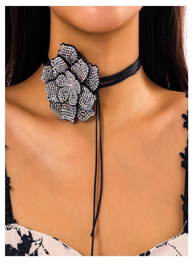 Rotaiboes Luxury Rhinestone Big Rose Flower Choker Necklace Black Adjustable Leather Rope Clavicle Chain Neck Crystal Body Chain Necklace Statement Collar Choker Necklace for Women (Black) - Image 2