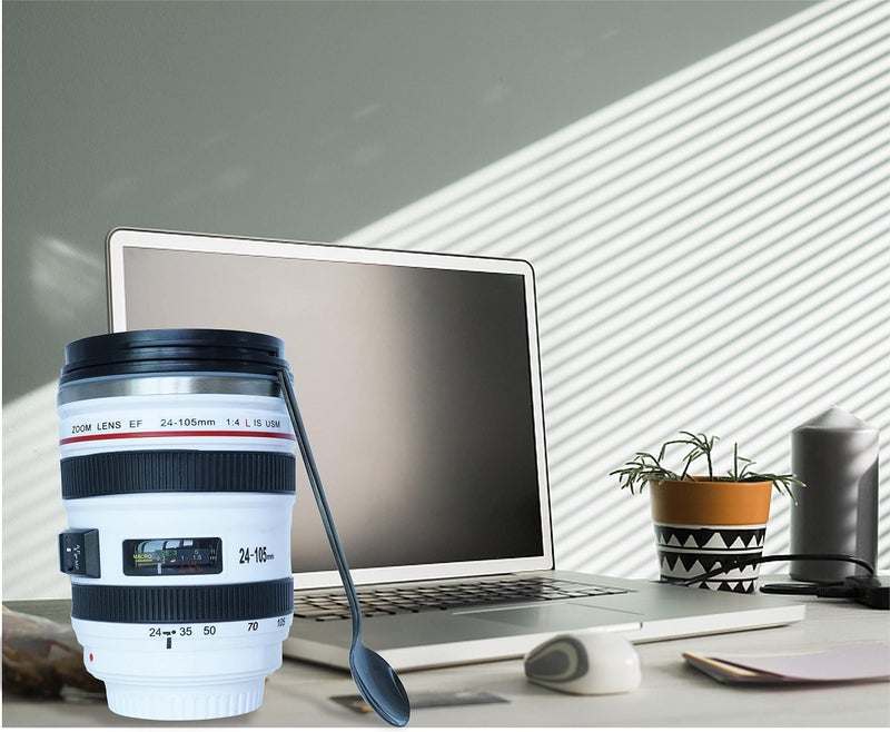 Phantaccy Camera Lens Coffee Mug - Leakproof 13.5Oz Sus-304 Stainless Steel Travel Mug With Spoon  Bpa-Free  Lid For Tea/Water/Coffee And More (White) - Image 5