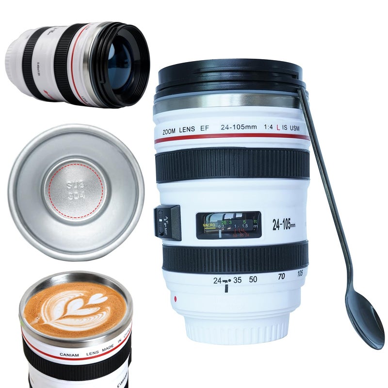 Phantaccy Camera Lens Coffee Mug - Leakproof 13.5Oz Sus-304 Stainless Steel Travel Mug With Spoon  Bpa-Free  Lid For Tea/Water/Coffee And More (White) - Image 1