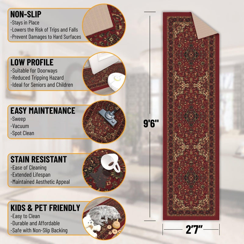 Ottomanson Hallway Runner Rug 2'7" x 9'6" Non Slip Oriental Area Rugs Easy to Clean Laundry Rug Runner Durable & Pet Friendly Floor Carpet Runners for Hallways Entryway Living Room Kitchen, Red - Image 2